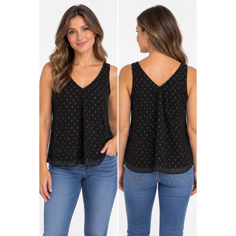 Lilly Pulitzer Black Metallic Silk Polka Dot V-Neck Tank Top Shell Womens M